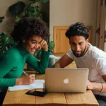 Casal em frente a computador com contas ao lado. Foto: Pexels