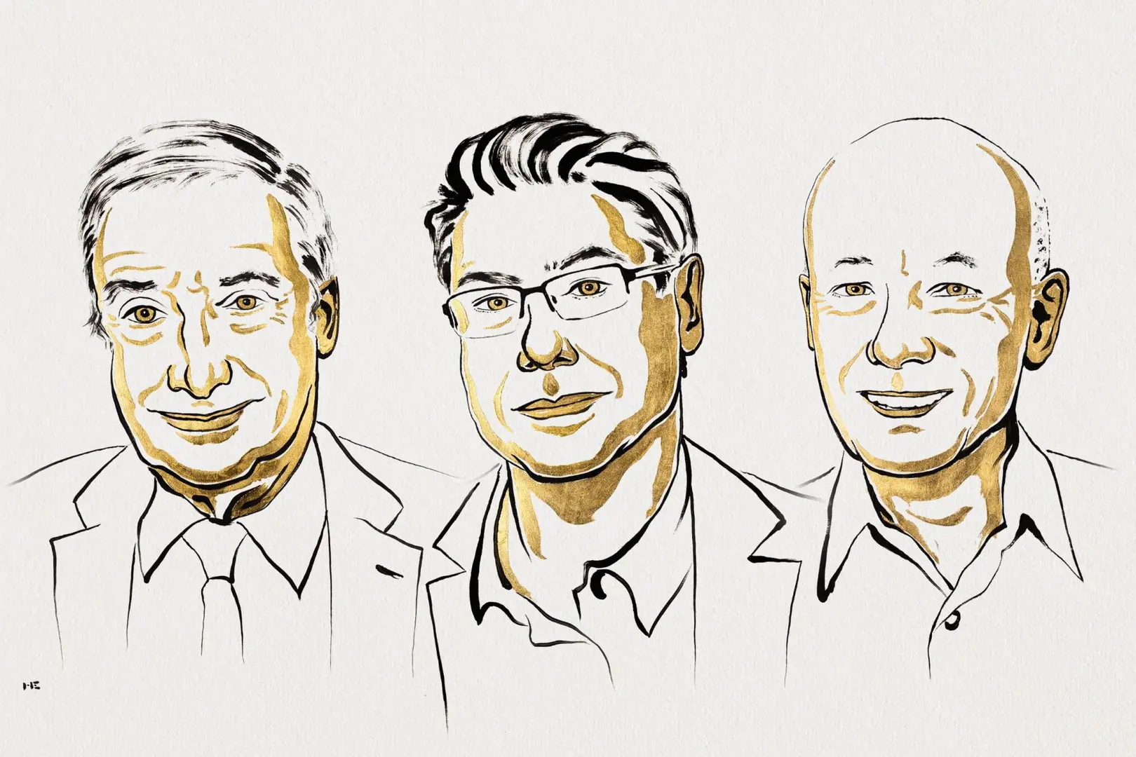 Joel Mokyr, Philippe Aghion e Peter Howitt, laureados do Nobel de Economia de 2025. Foto: Divulgação/Nobel