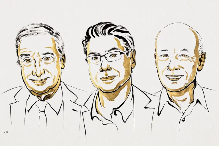 Joel Mokyr, Philippe Aghion e Peter Howitt, laureados do Nobel de Economia de 2025. Foto: Divulgação/Nobel