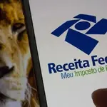 Leão de fundo com tela de celular no aplicativo da Receita Federal. Foto: Reprodução/Receita Federal