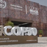Entrada de um dos galpões da COP30. Foto: Tânia Rêgo/Agência Brasil
