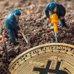 Imagem de uma moeda Bitcoin sendo desenterrada por bonecos