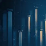 Imagem com fundo azul, gráficos em barras verticais dourados e números no topo de cada barra.